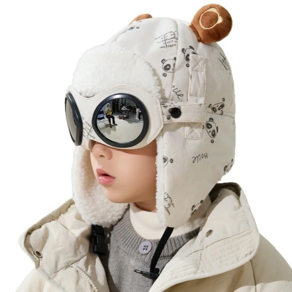 

New Cute Cartoon Children Pilot Hat Windproof Cold Proof Ear Protection Cap Thickned with Glasses Warm Hat Winter