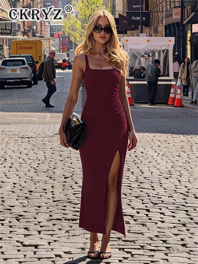 Damen 2026 Sommer Date Night Party Langes Kleid Ärmellos Rückenfrei Seitenschlitz Elegante Maxikleider Frauen Wochenend-Outfits
