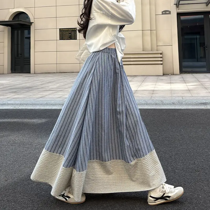

2026 Fashion Stripe Patchwork Spring Summer Long Skirts Women Comfy Cotton Big Hem A Line Skirts Streetwear Double Deck Skirts