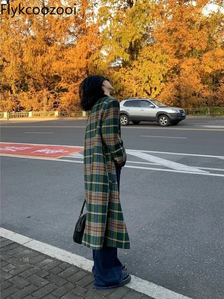 Christmas Green Plaid Woolen Jacket Women's Long 2024 Autumn/Winter Woolen Suit Collar Top Thickened Long Coats for Women