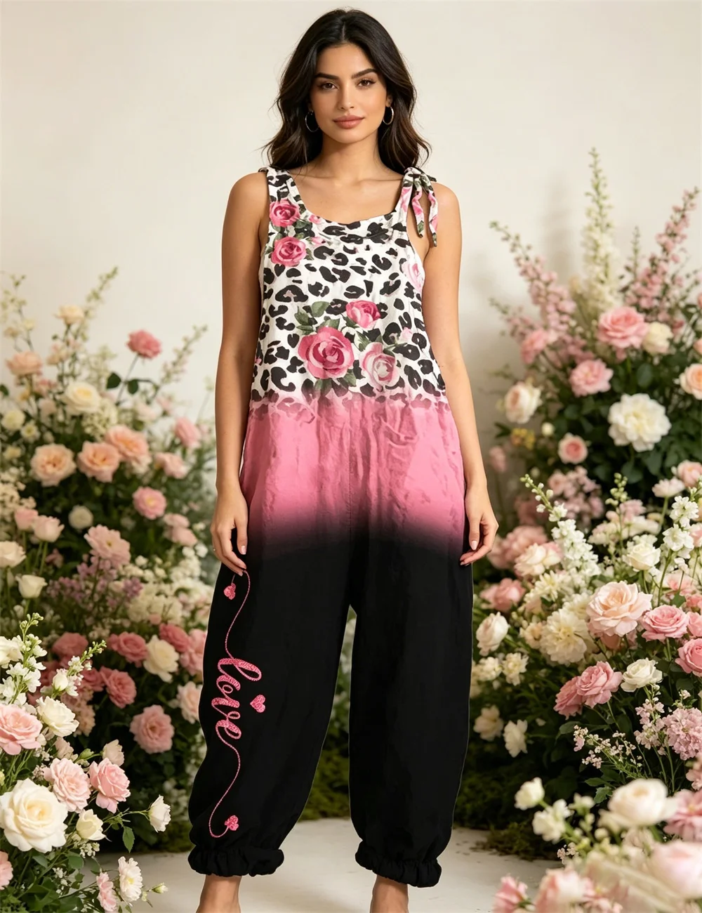 

2026 Women's new leopard print gradient rose print comfortable jumpsuit, off shoulder sleeveless loose lantern pants casual wear