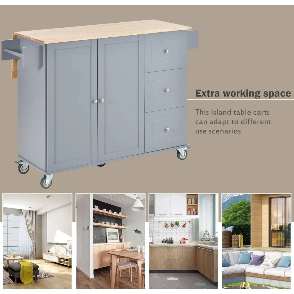 جزيرة مطبخ محمولة مع مساحة تخزين وسطح خشبي من أوراق الشجر، تتميز بـ 3 أدراج لتنظيم المطبخ