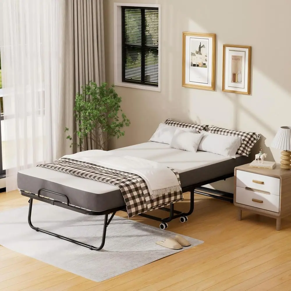 olding Bed with Mattror Adults,Roll Away oldable Bed, Portable Rollaway Bed with 5-inch Memory oam Mattr& Sturdy Metal e, Space-