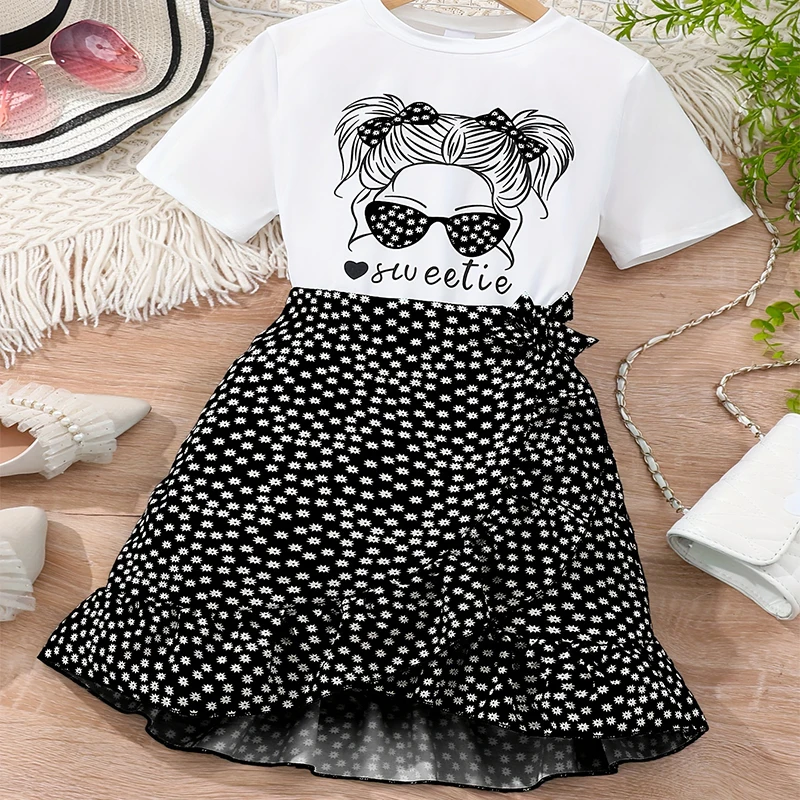 Two Piece Summer Girl Cute Round Neck Printed Short Sleeved Floral Skirt Princess Daily Casual Birthday Party Costume Set