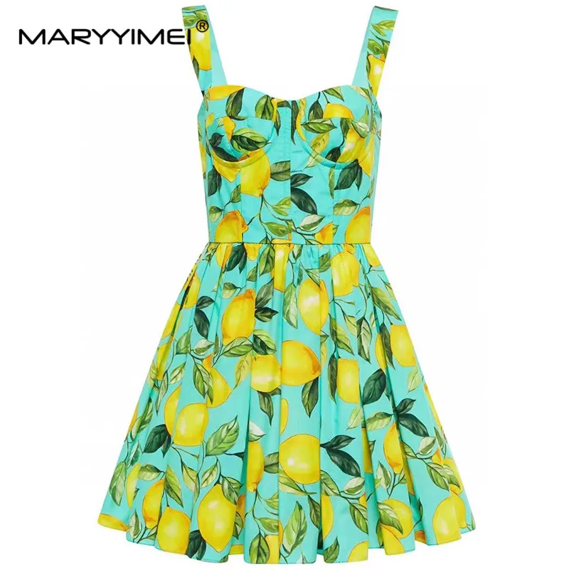 MARYYIMEI Summer Women\'s Cotton dress Spaghetti Strap Floral-Print High Waist Poplin Elegant Cotton Dresses