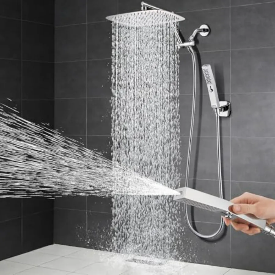 

Цельнометаллическая душевая система 12 дюймов с ручным распылителем и встроенным режимом мощной струи, идеально подходит для обновления современной ванной комнаты
