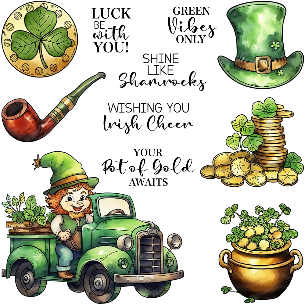 Mangocraft ST. Patrick Day Gnome Coins Car Cutting Dies Clear Stamp DIY Scrapbooking Metal Dies Silicone Stamp For Card Albums