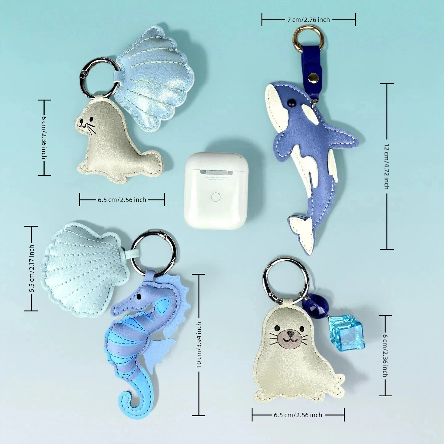 Cute PU Leather Keychain with Ocean Animal Charms - Stress Relief Sea Horse Shell Sea Lion Orca Pendant Gift Accessory view 5
