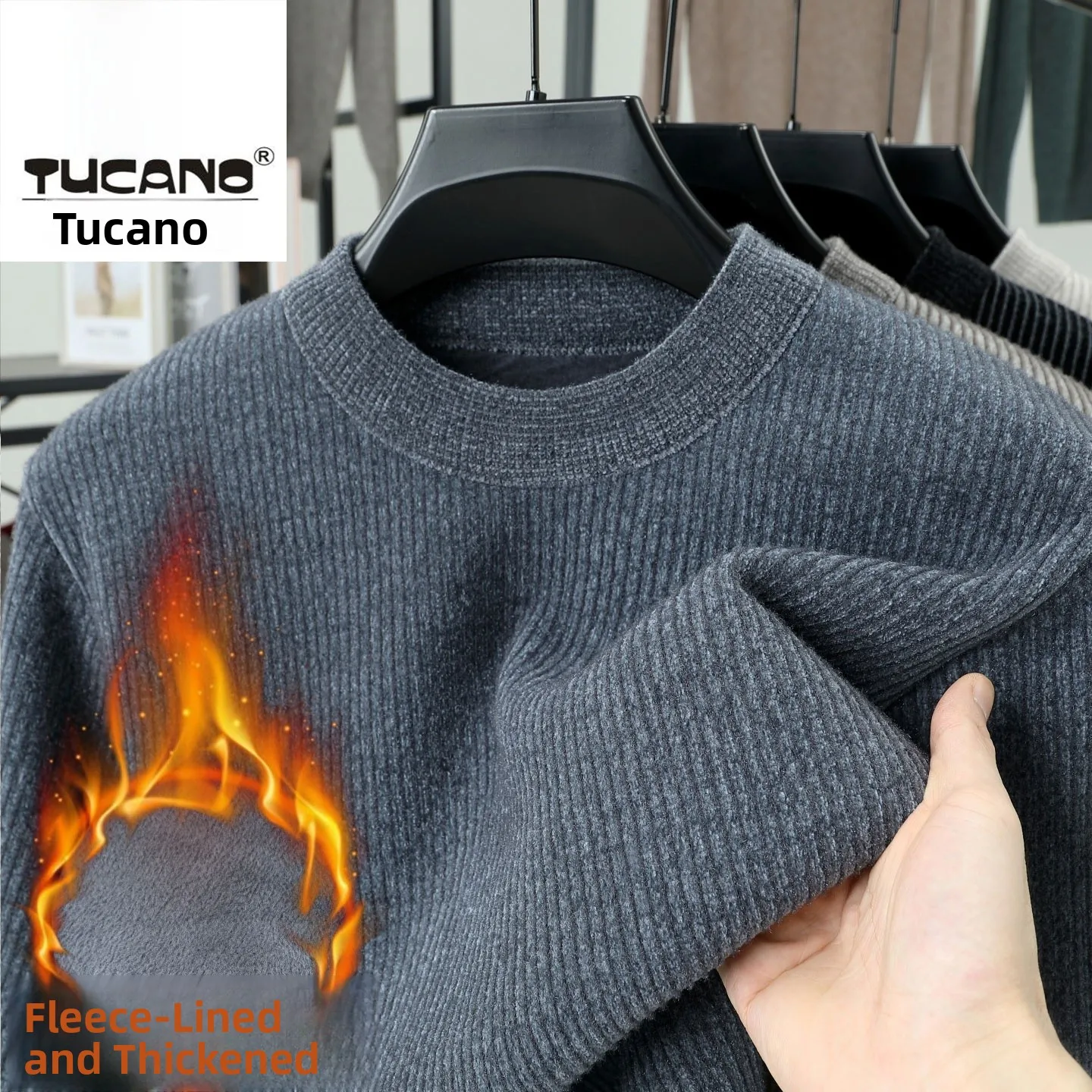 Thiened Woolen f-High Collar Sweater Men's Casual Warm Inner Wear Fce Lined Knitted Top Soft Blend Long Sve 3D Effect