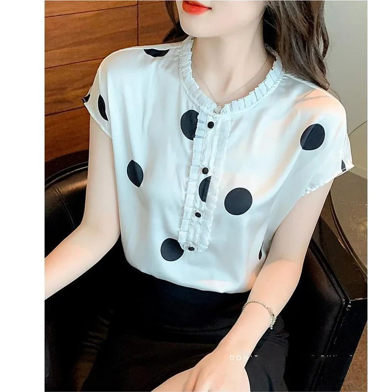 

Women's New Summer Pullovers Crew Neck Polka Dot Fashion Versatile Loose Appear Thin Commuter Short Sleeved Chiffon Tops