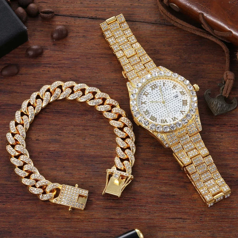 Conjunto de relógio de aço cubano masculino, relógio de diamante falso, pulseira hip-hop