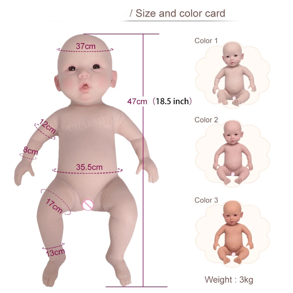 18.5inch 47cm 100% Full Silicone Realistic Girl Dolls Reborn Baby Reborn Doll  Unpainted DIY Blank Baby Children Toys