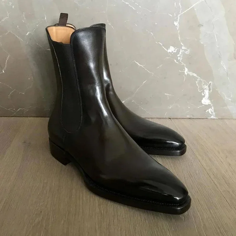 Black Chelsea Boots Business Men Ankle Boots Slip-On Round Toe Vintage Boots Size 38-48 Botas De Trabajo Hombre