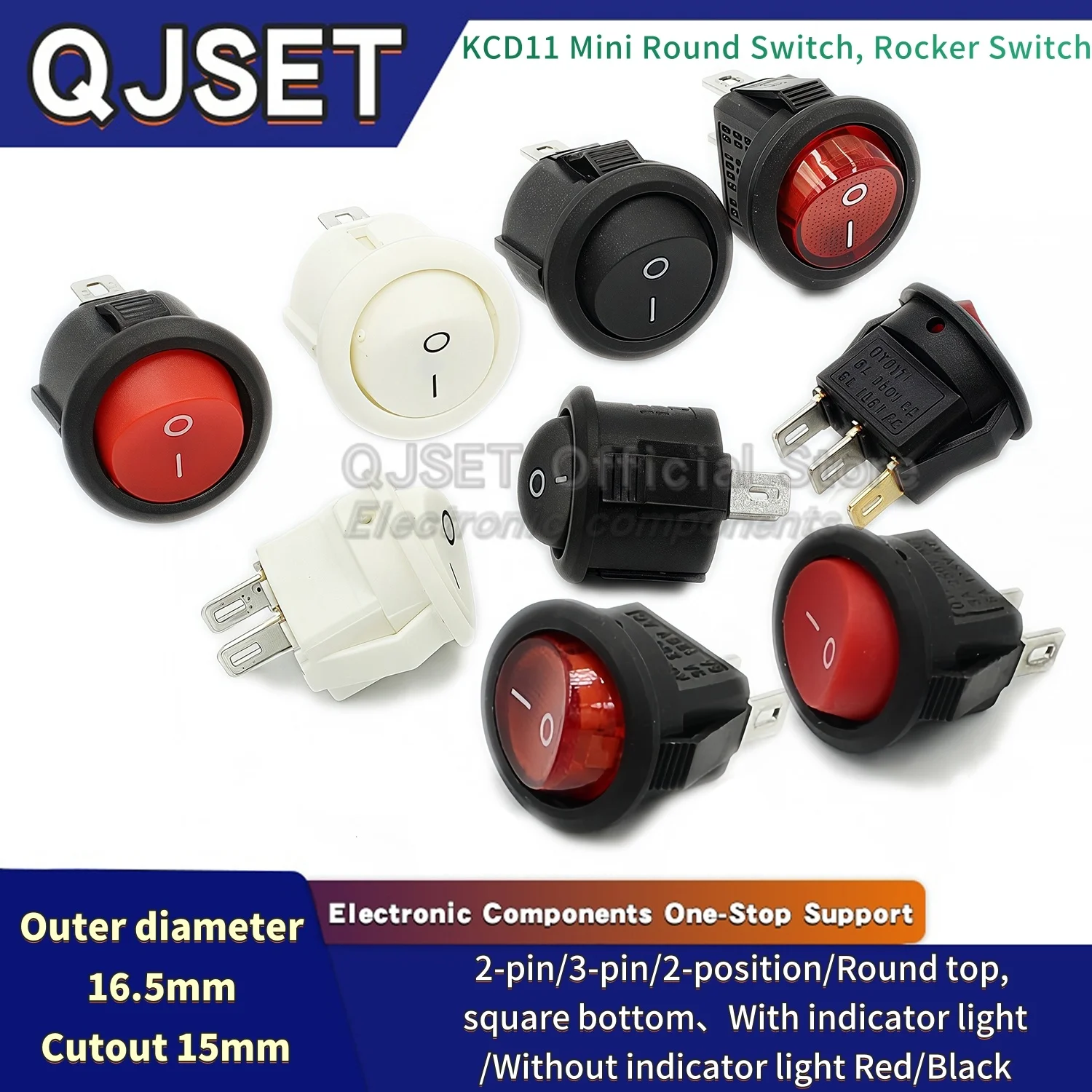 5 pcs 15 mm Hole Kcd11 Small Rocker Boat Shaped Power Switch Upper Circular And Lower Square 2/3-Pin 2 Gears On-Off Round Switch