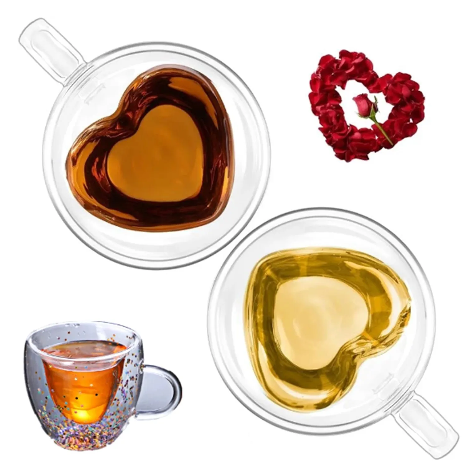 

2PCS 6.3oz Double Walled Glass Heart Shaped Coffee Mugs Tea Cups Juice Cups Drinking Glasses Birthday Wedding Valentines Gifts