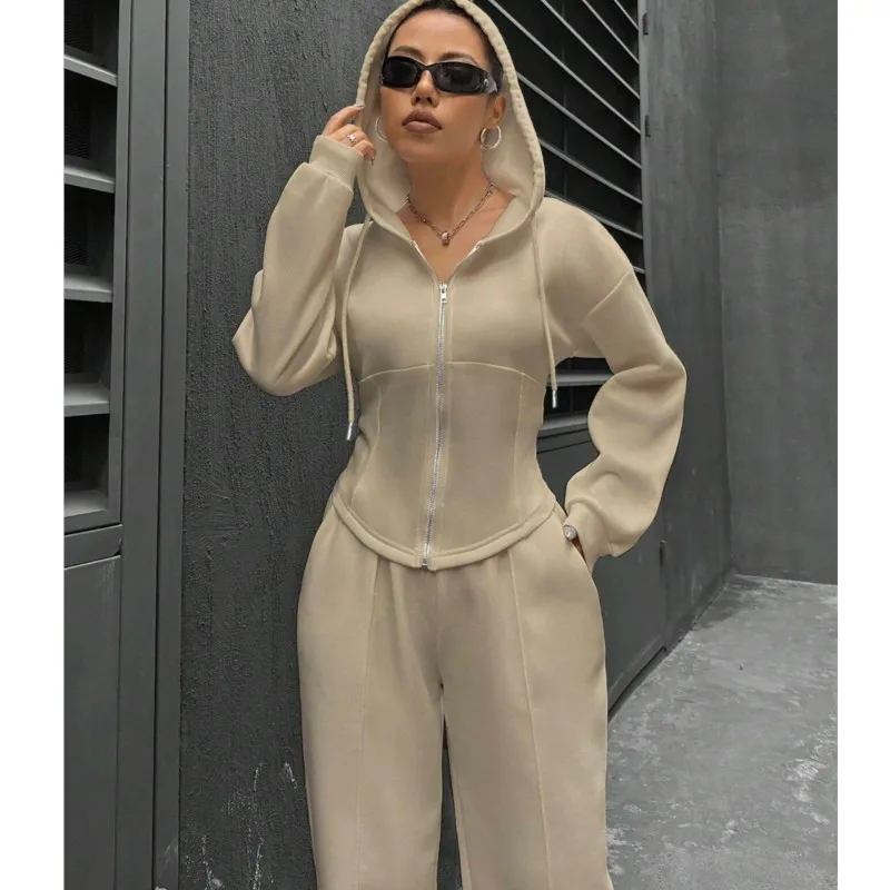 Women's Sports 2024 Autumn/Winter New Two piece Set Trendy Solid Color Hooded Cardigan Slim Fit Casual Two piece Set for Women