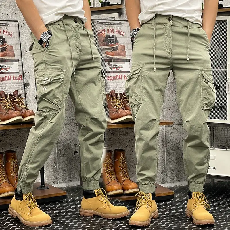 

Boyfriend Drawstring Pockets Button Elastic High Waisted Solid Color Men's Clothing Bloomers Cargo Trousers Spring Autumn Pants