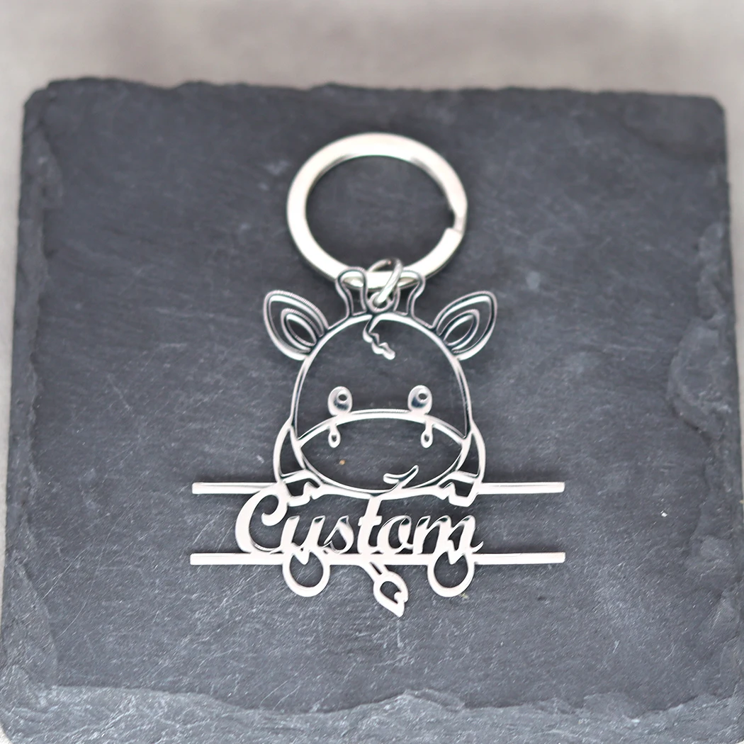 Creative Animal Cow Stylish Pendant Customized Engrave Name Keychain Men Women Car Keyring Stainless Steel Jewelry Souvenir Gift