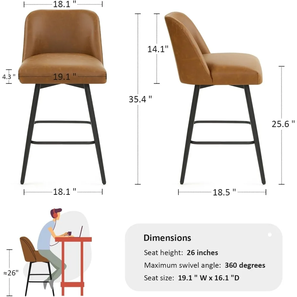 360 ° Drehbare Barhocker in Thekenhöhe, 2er-Set, gepolsterte moderne Küchenbarhocker mit hoher Rückenlehne, 66 cm H Sitzhöhe, Kunstleder