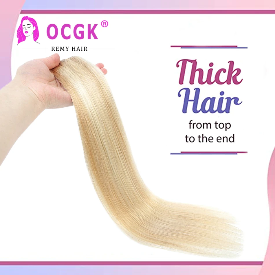 OCGK Human Hair Weft Brazilian Remy Hair Bundles Highlight Medium Platinum Blonde Silky Straight Skin Weft Hair Weave Extension