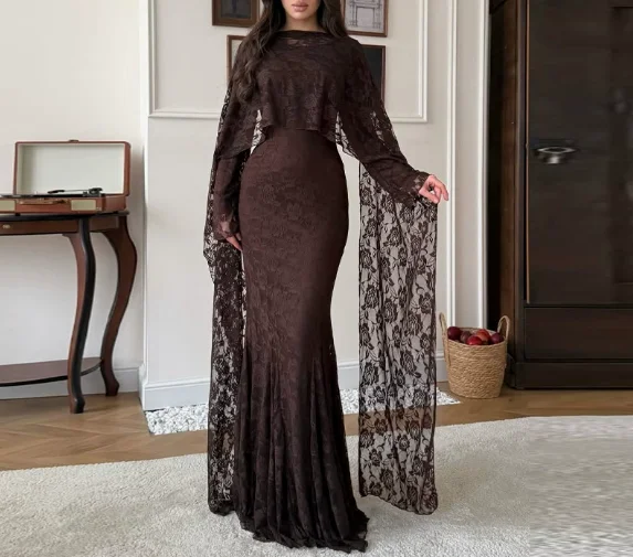 Women Dress 2026 Spring Autumn New Lace Shawl Round Neck Long Sleeve Slim Fit Hip Hugging Temperament Elegant Long Dress