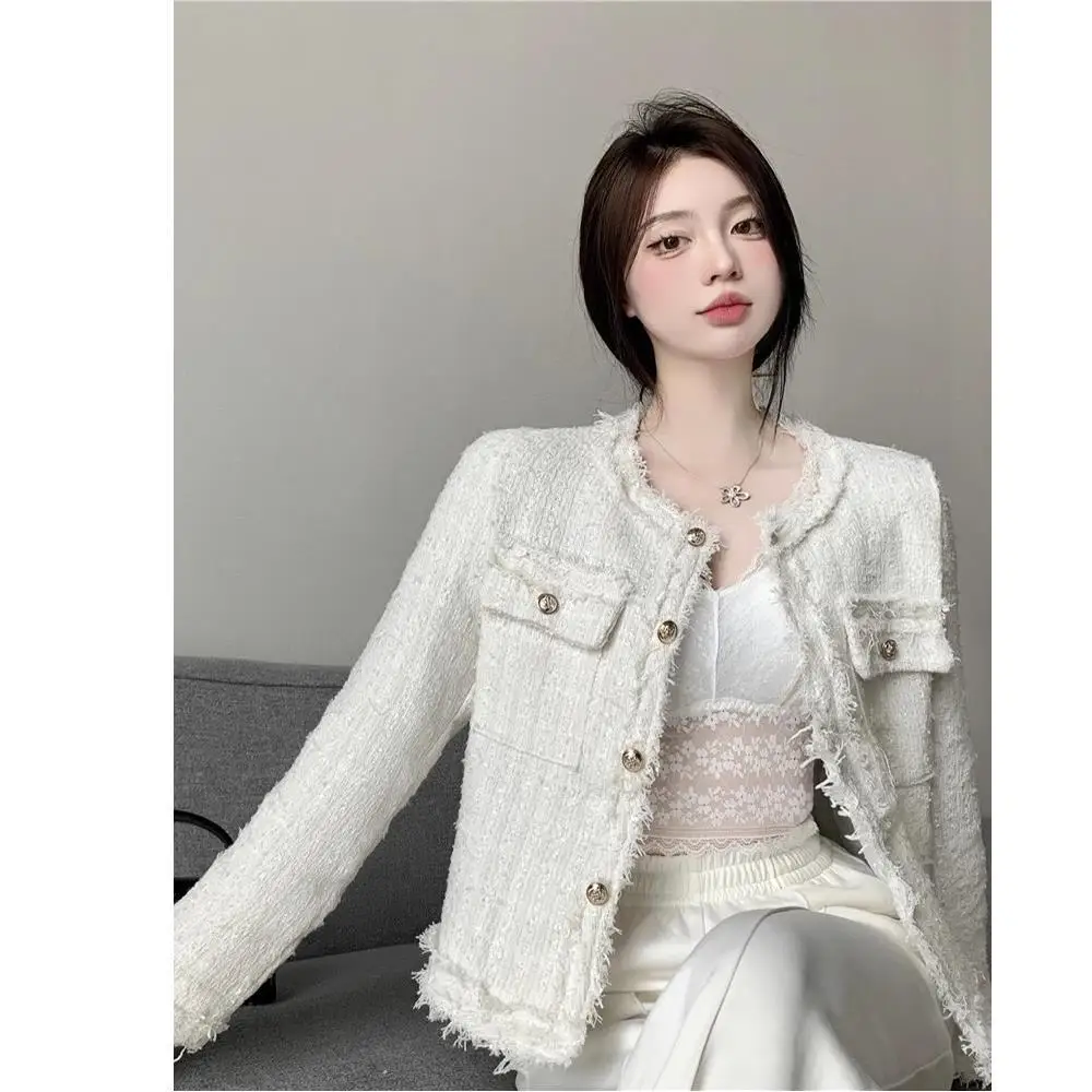 

Women Elegant Socialite Style Solid Cardigan Long Sleeve Tops Jackets Round Neck Button Knitted Short Coat 2023 Autumn