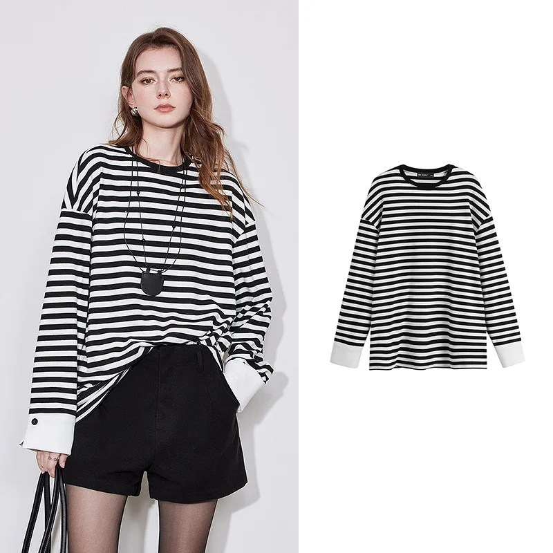 

Women Long Sleeve T-shirt 2025 Autumn New American Style Striped Lazy Style Round Neck Warm Tops