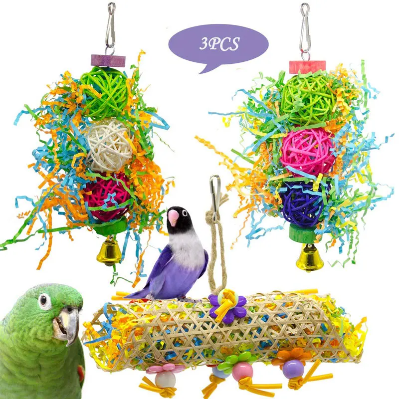 

3pcs Bird Toy Parrot Biting Supplies Brushed Vine Ball Grass Wooden Parrot Toy Pet Supplies Set