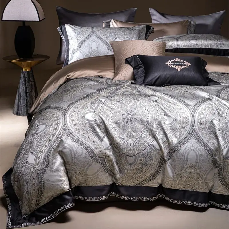 4Pcs American Style Vintage Luxury Bedding Set Soft Silky Jacquard Egyptian Cotton Duvet Coves Bed Sheet Fitted Sheet Pillowcase