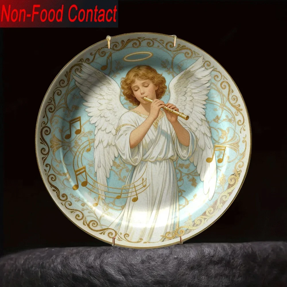 1pc Angel Playing Flute Ceramic Decorative Plate - Non-Food Contact Tabletop Art with Golden Accents, Classic Round Design for