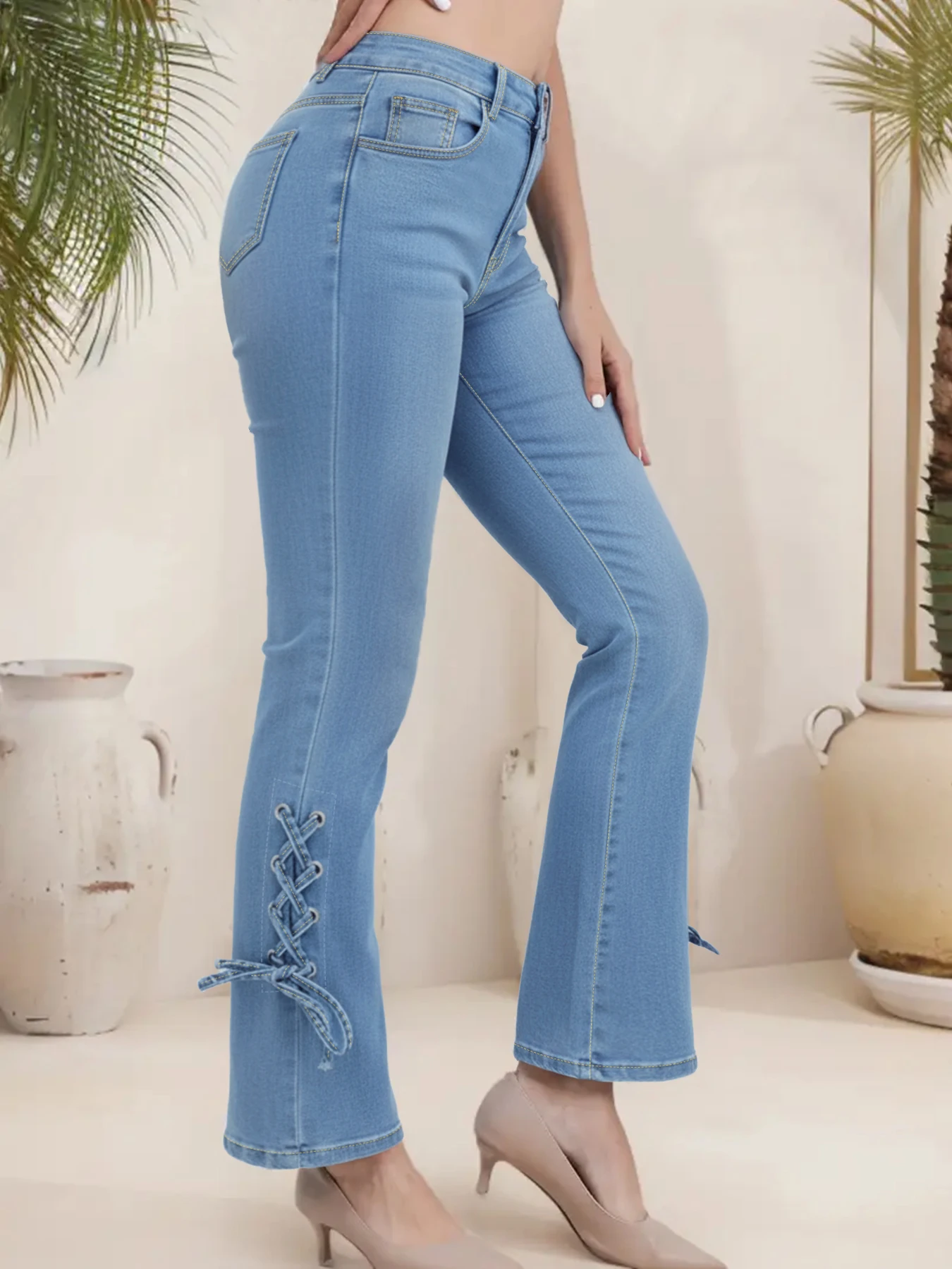 

Plus-size women's high-waist flare pants, stylish with side straps, lifting women's denim jeans