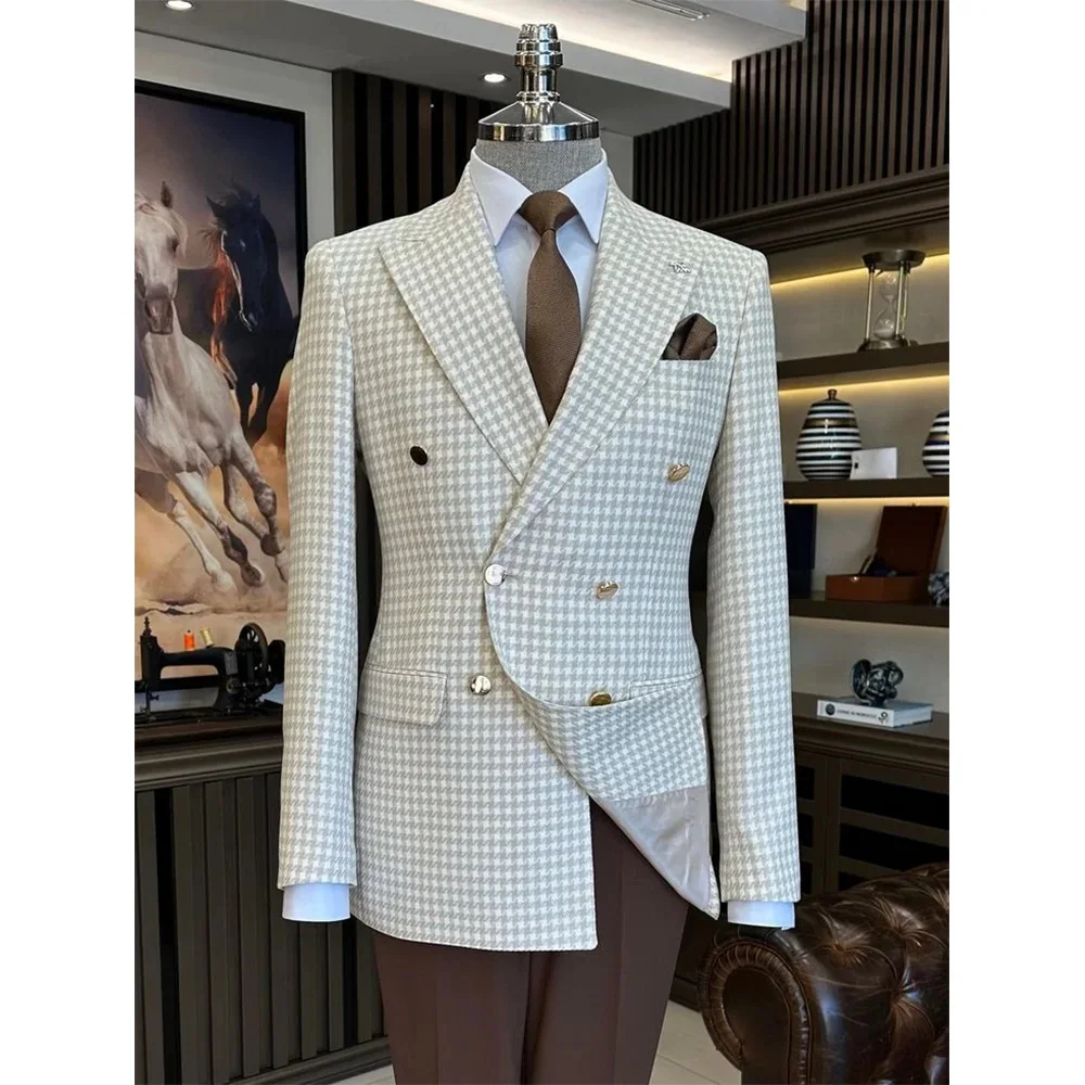 

Fashion Suits Men Houndstooth Notched Lapel Plaid Business 2 Pieces Double Breasted Blazer Brown Pants Formal Party Tuxedos