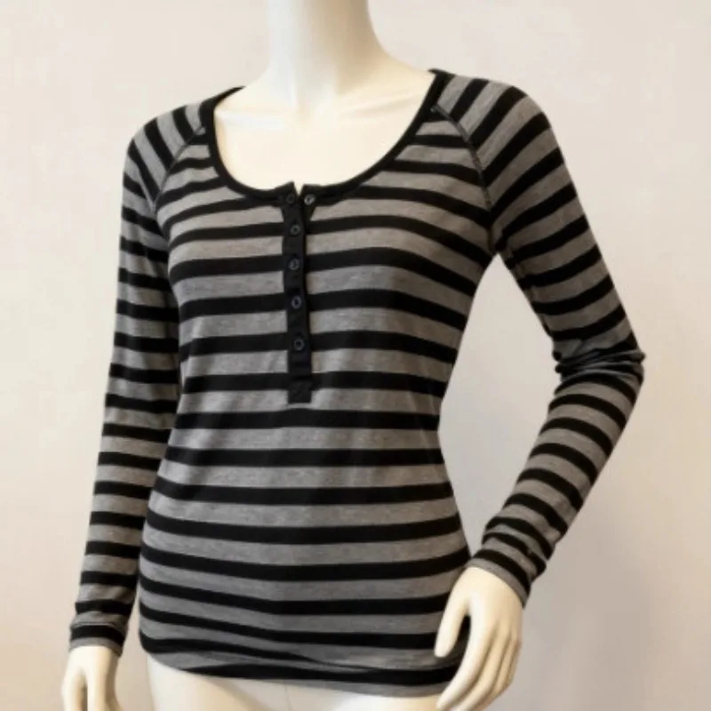 Женская футболка в стиле гранж с полосками, готический топ с V-образным вырезом и металлической пряжкой, длинный рукав, Y2K, субкультурная альтернативная одежда, E-Girl, панк, 2026