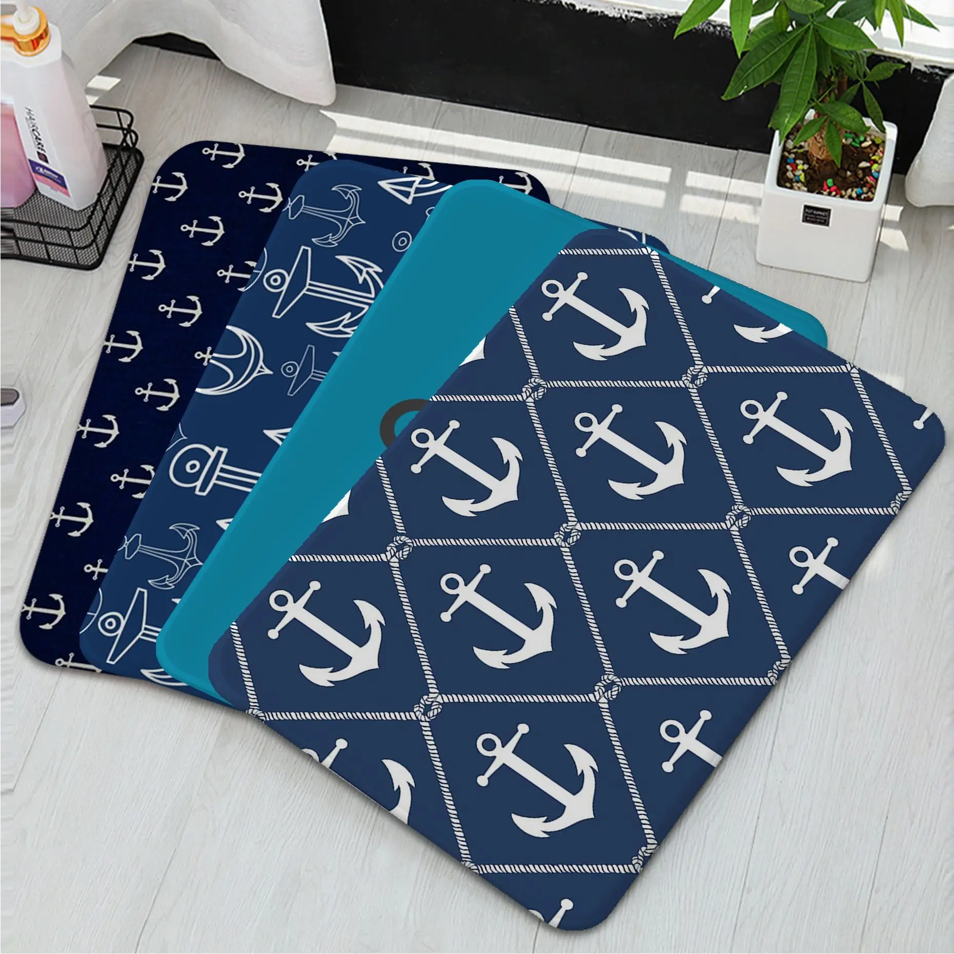 

Dark Blue Anchor Nautical Door Mat Nordic Style Bedroom Living Room Doormat Home Balcony Anti-Slip Toilet Rug