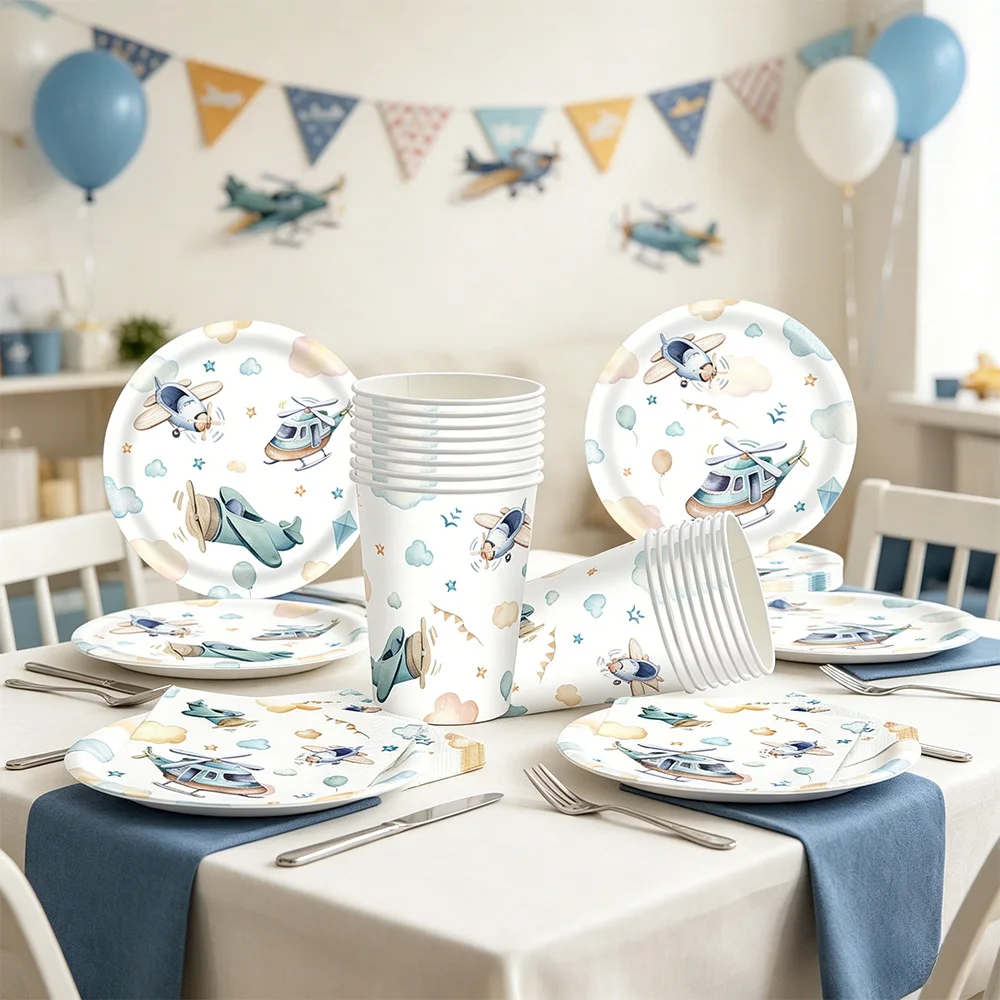 Décorations d'anniversaire sur le thème de l'avion, assiettes et serviettes en forme d'avion, vaisselle à thème avion, décorations de fête joyeux anniversaire, décorations de fête avion