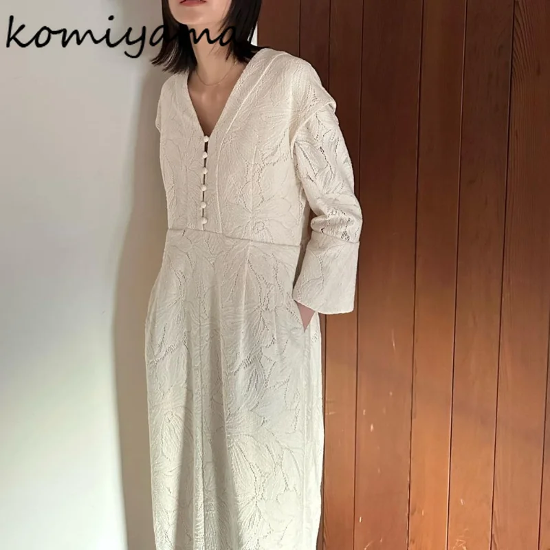 Hollow Out Lace Floral Vestidos V Neck Chic Button Dress Spring Summer New High Waist Dresses Women Elegant Loose Robe Femme