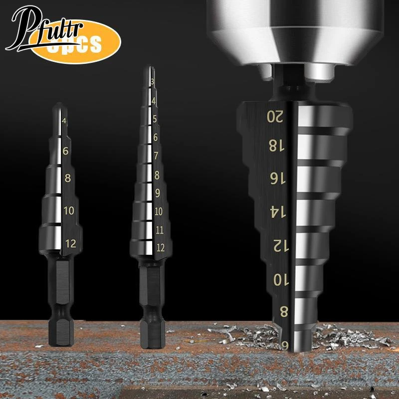 3pcs Straight Groove Step Drill Bit Set Wood Metal Hole Cutter Core Drill Bit Set 3-12/4-12/4-20mm Woodworking