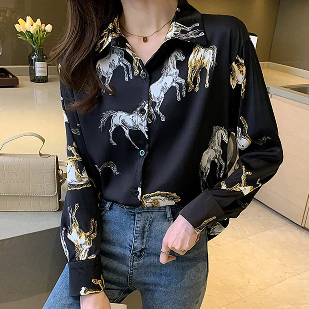 Dating Leisure Shirt Blouse Horse Print Lapel Long Sleeves Retro Single-breasted Spring Summer Vintage Fashion