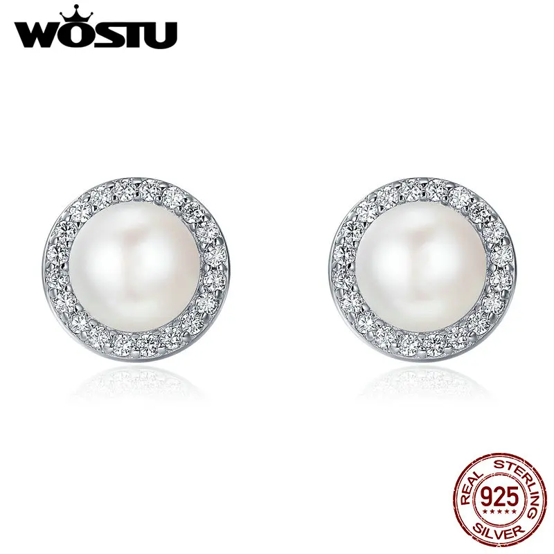 

WOSTU 925 Sterling Silver Classic Round Sparking CZ Freshwater Pearl Stud Earrings For Women Luxury Original Jewelry CQE122