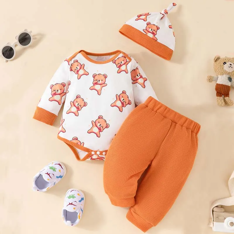 Conjunto de bodysuits de 3 peças para bebês meninos, calças, chapéu, roupas de menino, 0 a 18 meses, outono