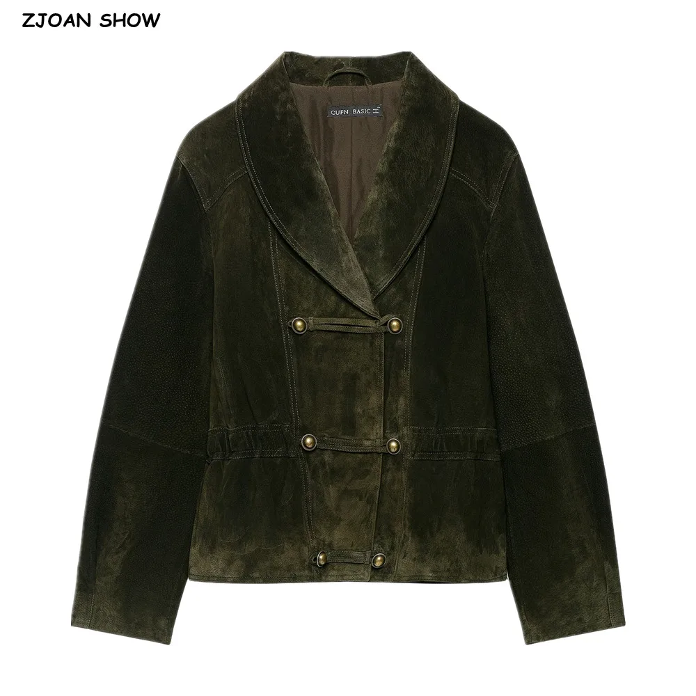 Chinese Style Autumn Women Shawl Collar Rope Knot Buttons Suede Jacket Loose Long Sleeve Coat Short Outerwear Army Green