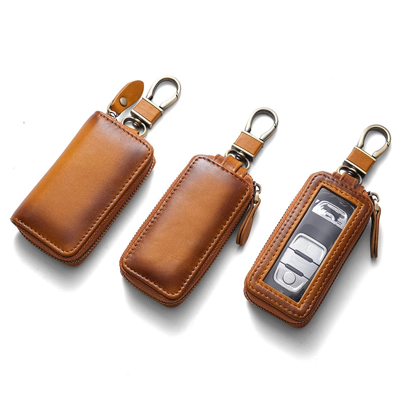 2023 New Brown Double Layer Key Wallet Genuine Leather Vintage Unisex Car Keychain Holder Zipper Housekeeper Keys Organizer Case