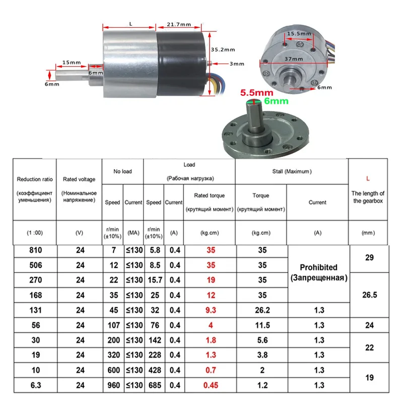JGB37-3525 Brushless DC Deceleration Motor, Low-Speed PWM Speed Regulation Micro High Torque 5 Wire Motor 12V 24V