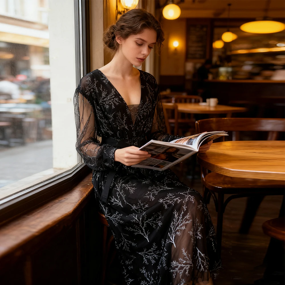 فستان سهرة أنيق جديد برقبة على شكل حرف v طويل 2025 فاخر للنساء بأكمام طويلة لحفلات الزفاف وحفلات الكوكتيل #1