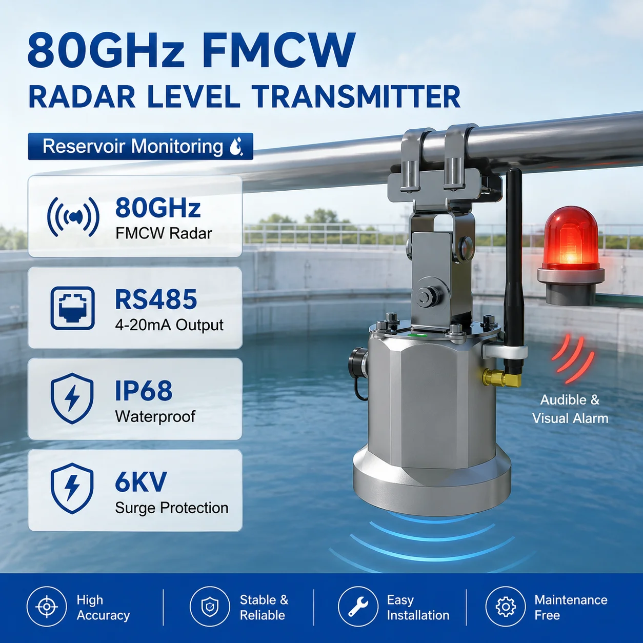 80GHz FMCW Non-Contact Radar Water River Level Transmitter RS485 IP68 6KV  for River & Reservoir Monitoring