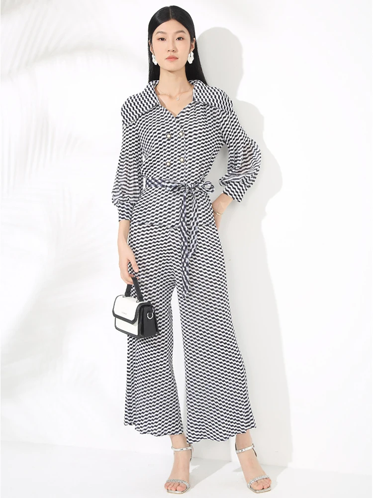 

Chic Black White Printing Pants Outfit Spring Women Puff Sleeve Lace Up Top+High Waist Slim Wide Leg Pants Autumn Two Piece Set