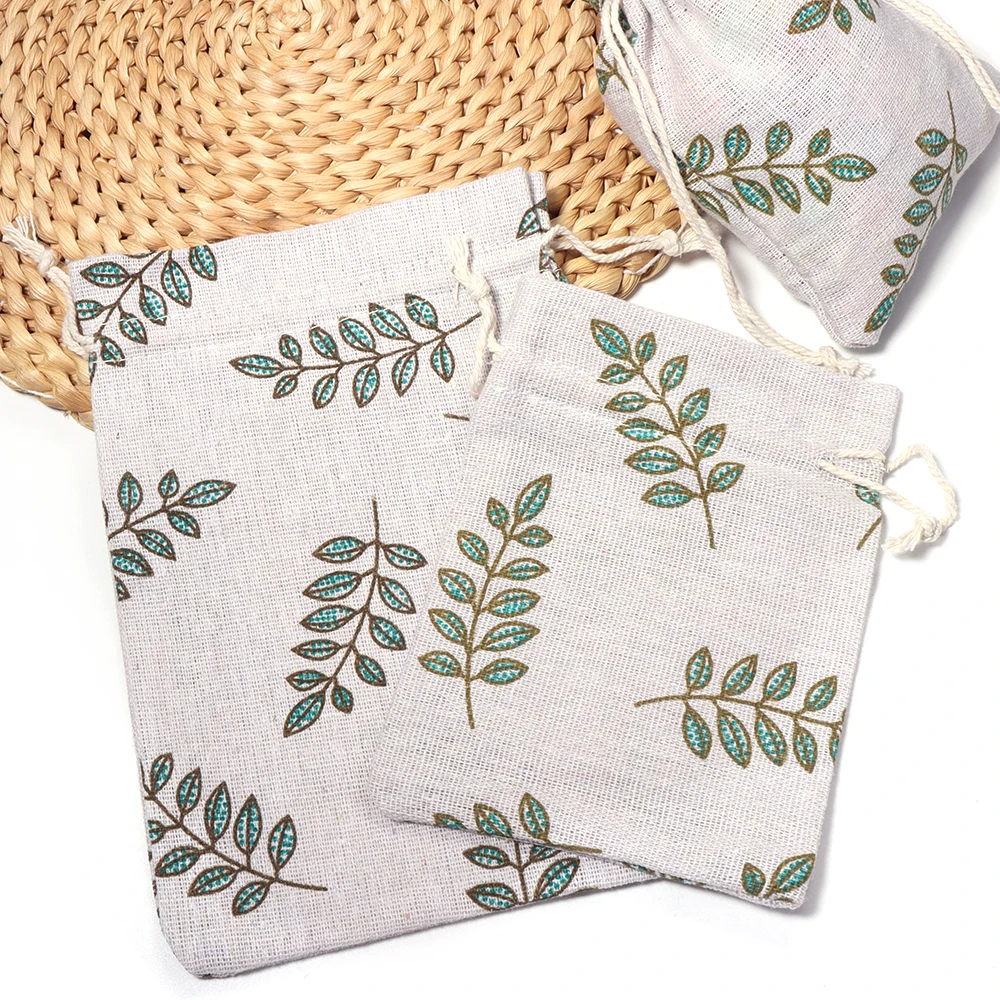5 Stück/Set Baumwoll-Leinen-Beutel mit grünem Blattmuster, Geschenkbeutel, Schlüssel-, Münz- und Kosmetik-Aufbewahrungsbeutel, Schmuckverpackungsbeutel – Detail 5