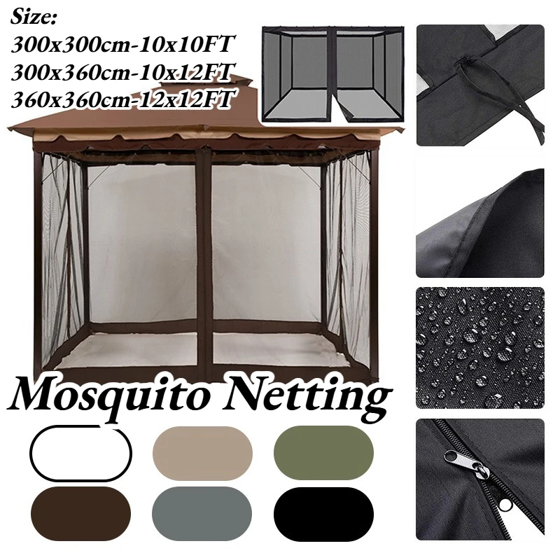 10/12FT Outddor Gazebo Garden Mosquito Net Waterproof Universal Replacement Canopy Net Screen 4-Door Curtain with Zippers