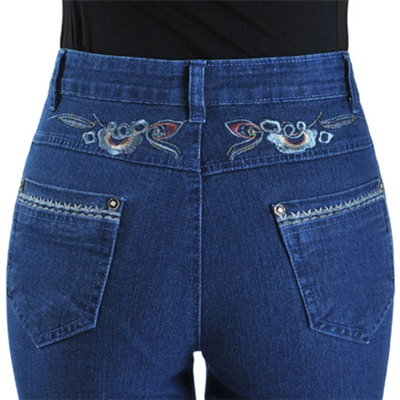 2025 Casual Pants Women Summer Jeans Elasticity Straight Pants Embroidery Middle-Aged Female High Waist Denim Pants 2655