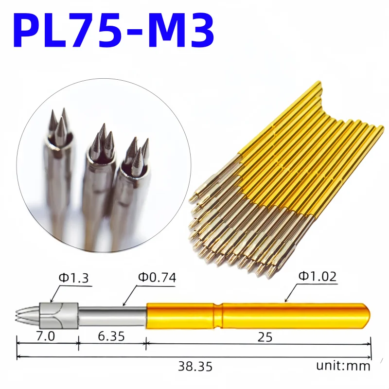 20/100PCS PL75-M3 Spring Test Probe Test Pin Pogopin Nickel Plated Gold Tricuspid PCB Tip Dia 1.02mm 1.3mm 0.74mm 38.35mm